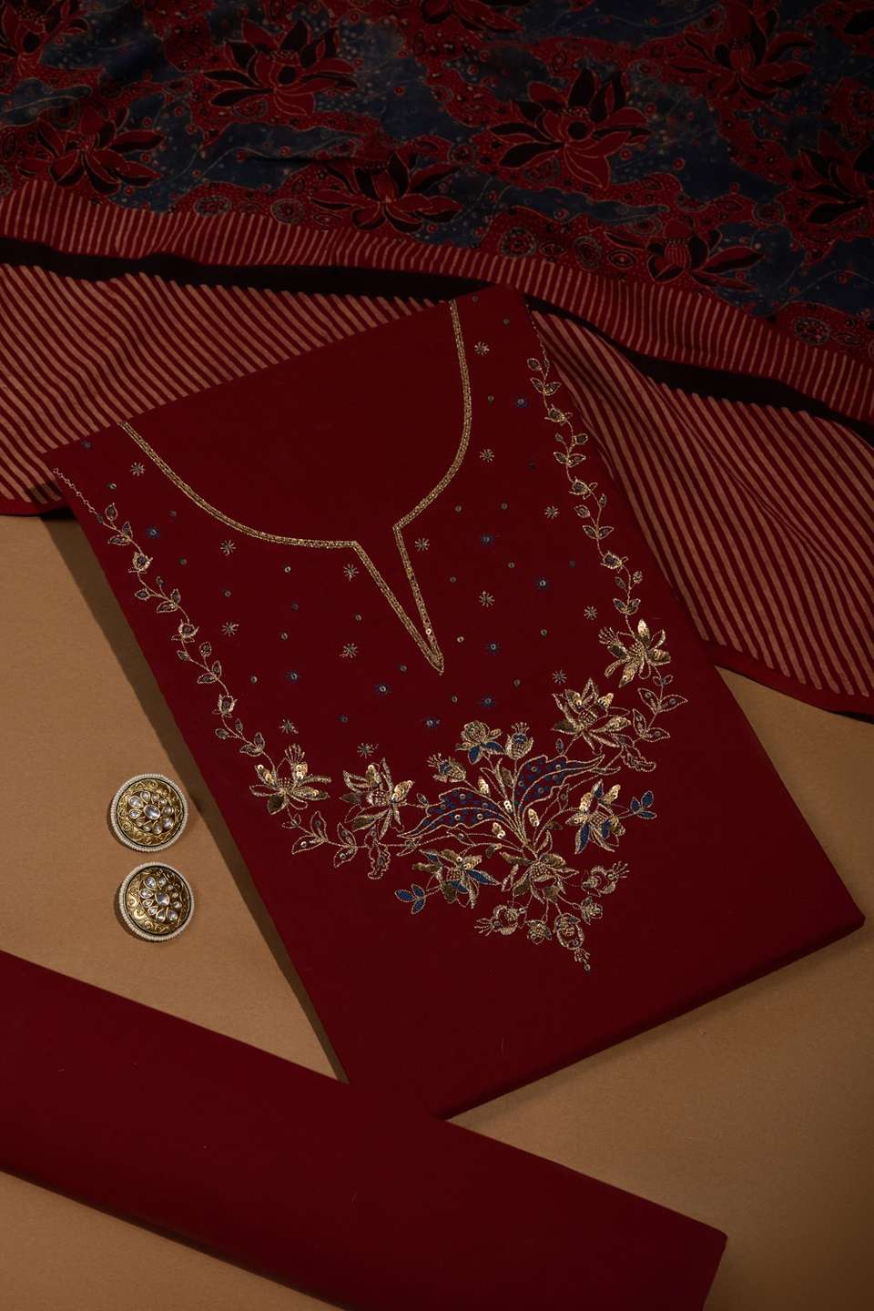 Dark Red Pure Cotton Ajrakh Embroidered Unstitched Suit Set