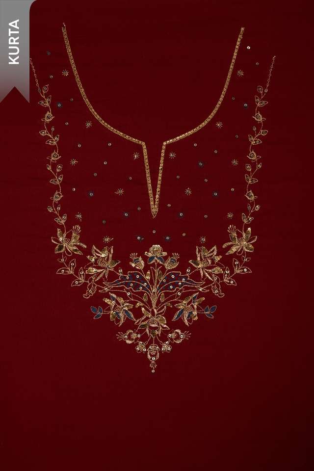 Dark Red Pure Cotton Ajrakh Embroidered Unstitched Suit Set thumbnail image number null