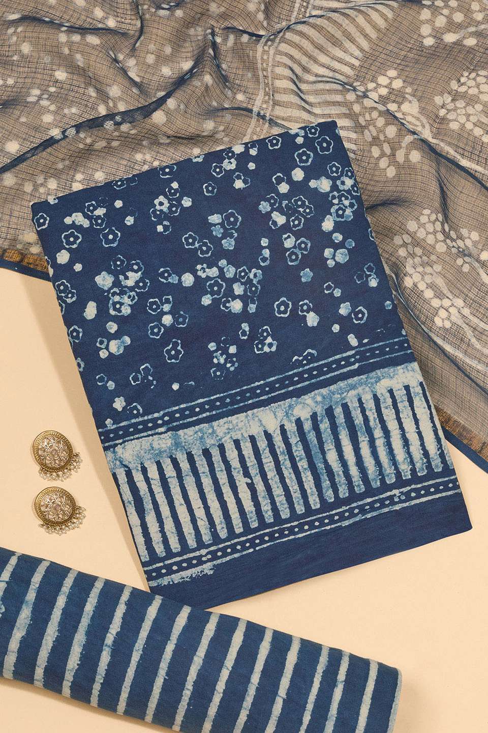 Blue Pure Cotton Dabu Block Printed Unstitched Suit Set