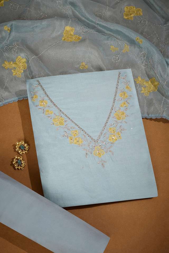 Light Blue Pure Viscose Embroidered Unstitched Suit Set image number