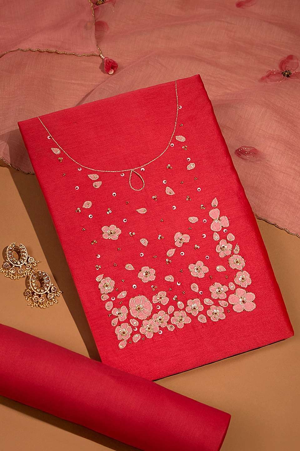 Pink Pure Silk Cotton Embroidered Unstitched Suit Set