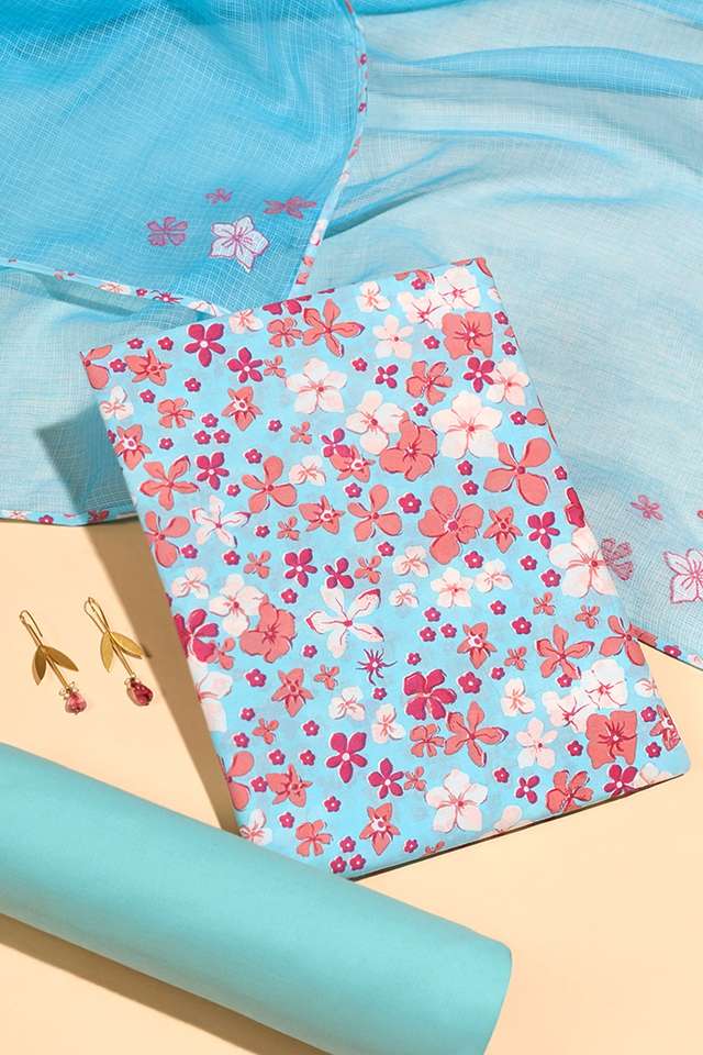Light Blue Pure Cotton Screen Printed Unstitched Suit Set image number