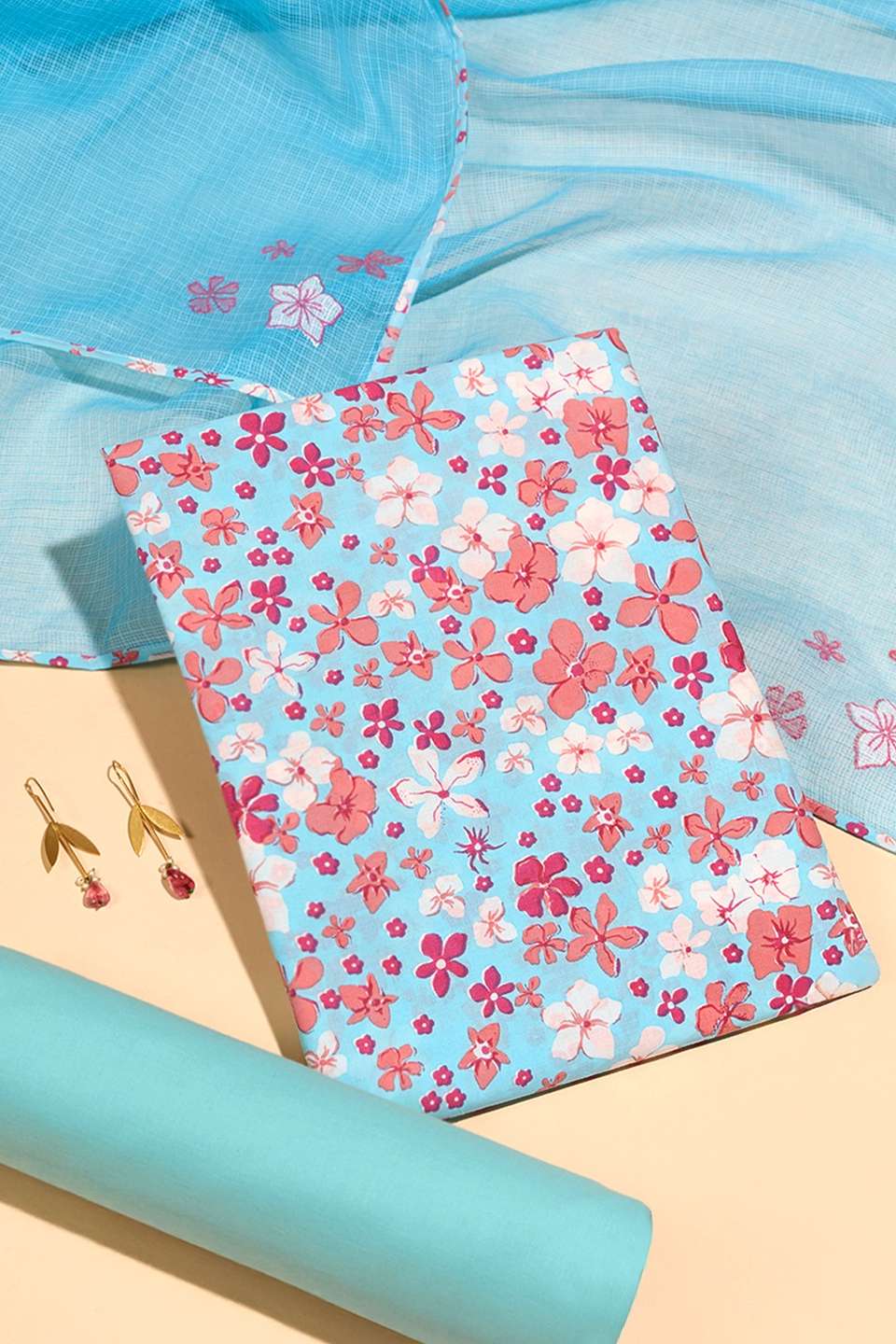 Light Blue Pure Cotton Screen Printed Unstitched Suit Set