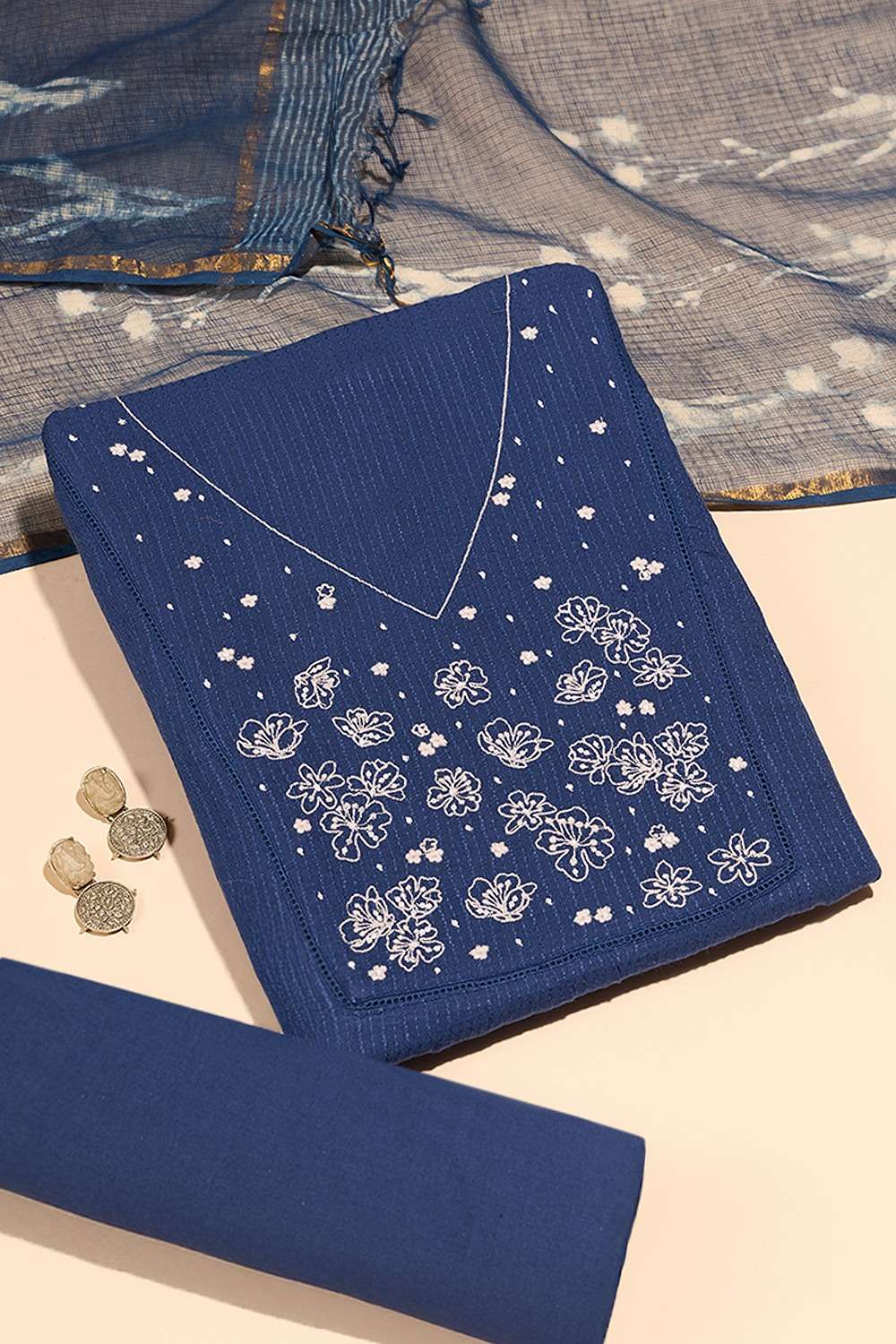Blue Pure Cotton Embroidered Unstitched Suit Set image number null