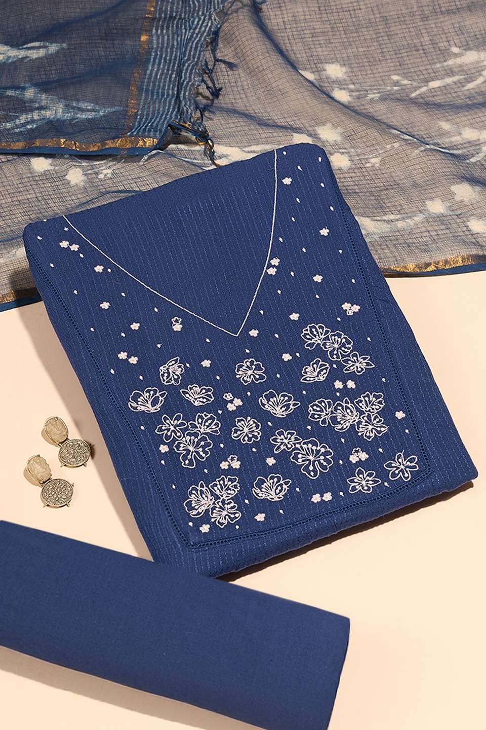 Blue Pure Cotton Embroidered Unstitched Suit Set