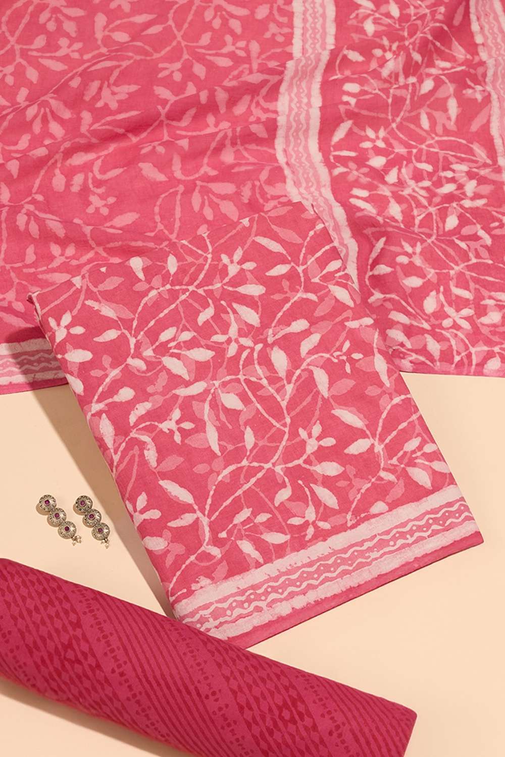 Pink Pure Cotton Dabu Block Printed Unstitched Suit Set image number null