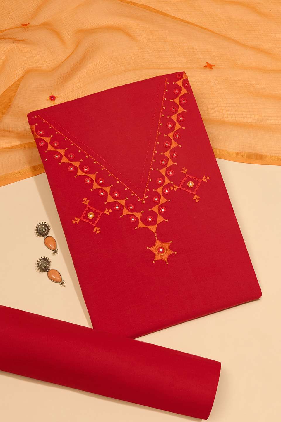 Dark Red Pure Cotton Embroidered Unstitched Suit Set