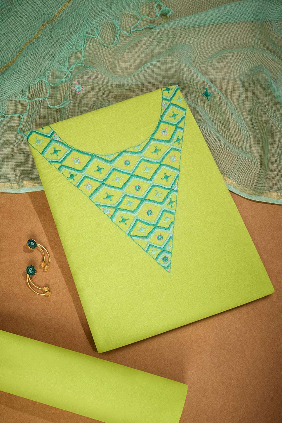 Light Green Pure Cotton Embroidered Unstitched Suit Set