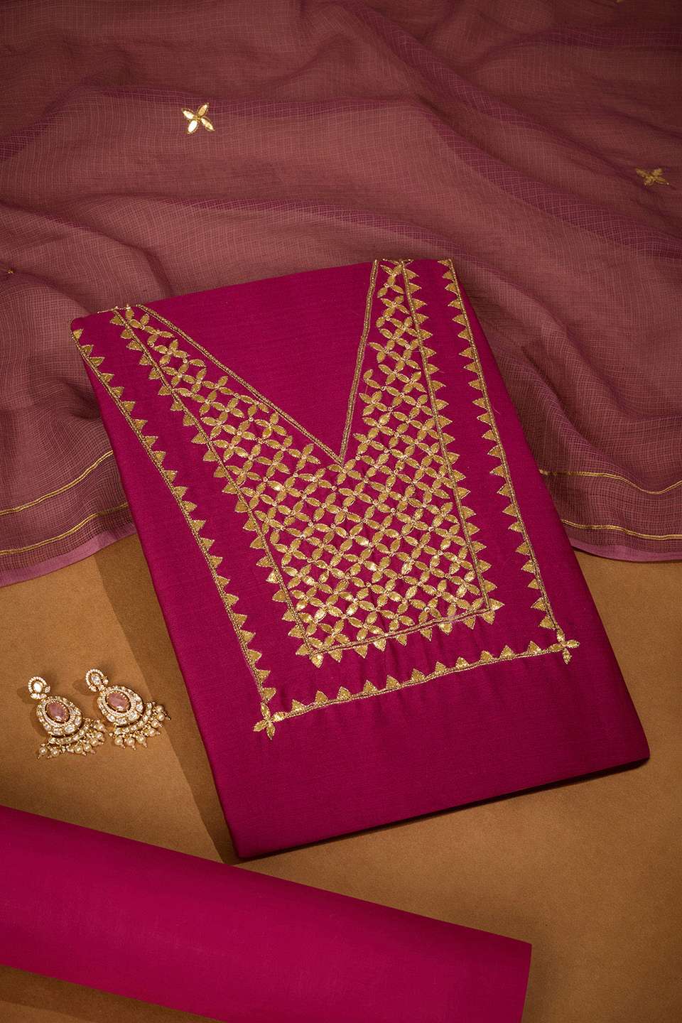 Pink Pure Silk Cotton Gota Patti Unstitched Suit Set