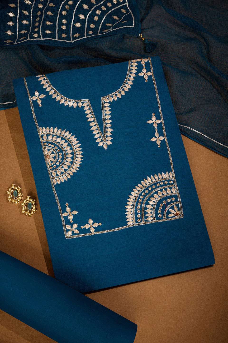 Dark Blue Pure Silk Cotton Gota Patti Unstitched Suit Set