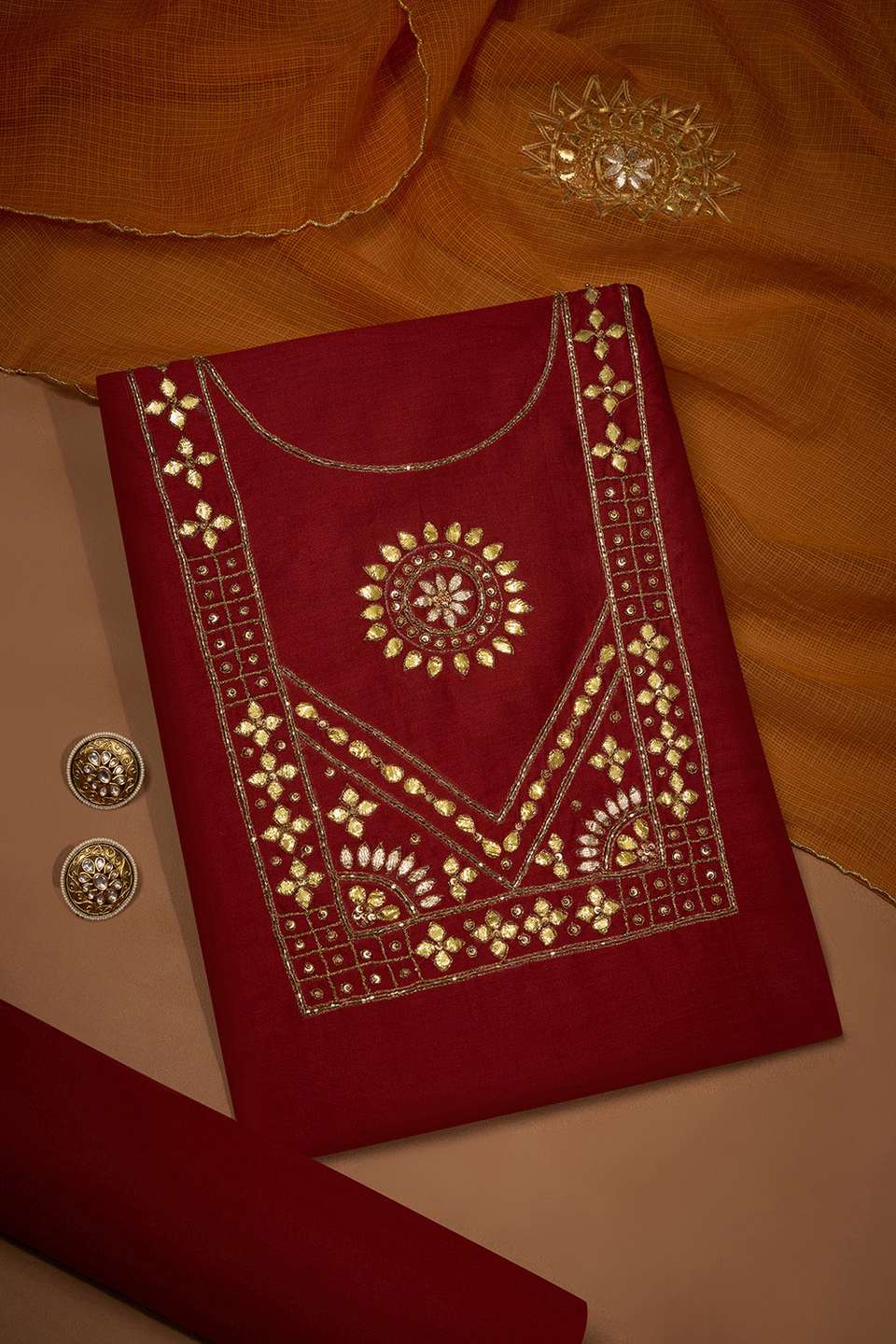 Red Pure Silk Cotton Gotta Patti Embroidered Unstitched Suit Set