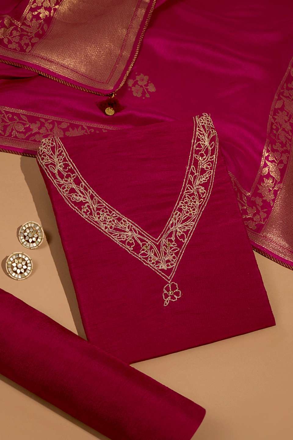 Dark Pink Pure Viscose Embroidered Unstitched Suit Set