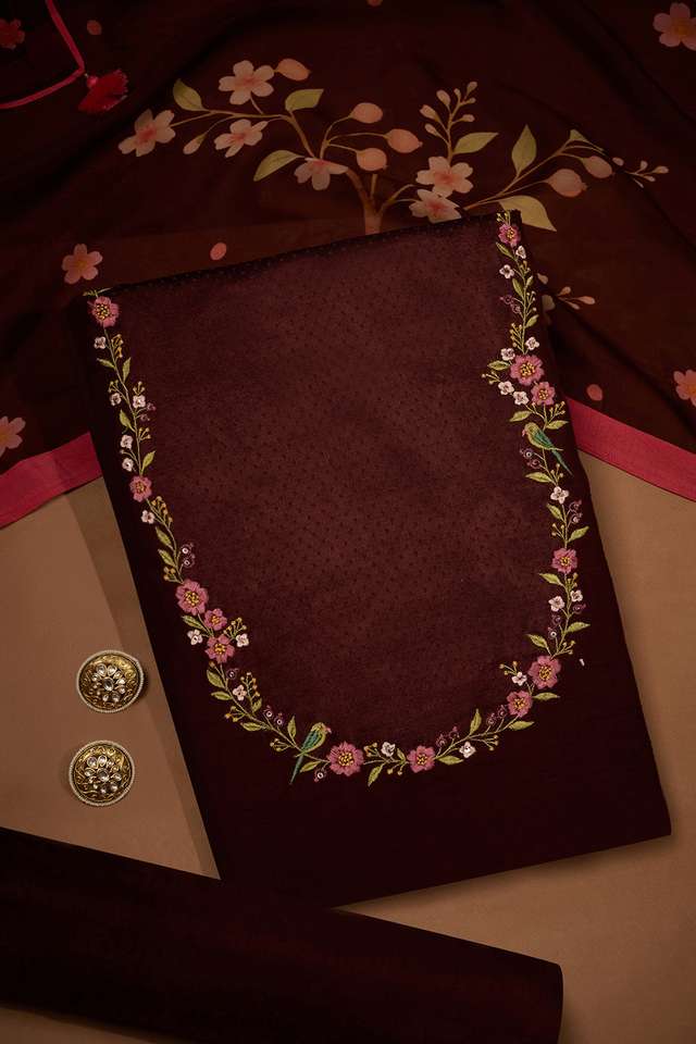 Brown Pure Viscose Embroidered Unstitched Suit Set image number