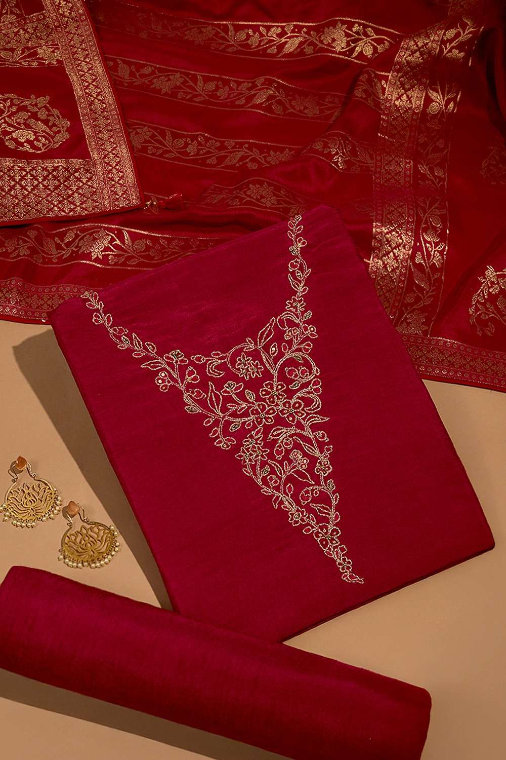 Dark Pink Pure Viscose Embroidered Unstitched Suit Set image number null