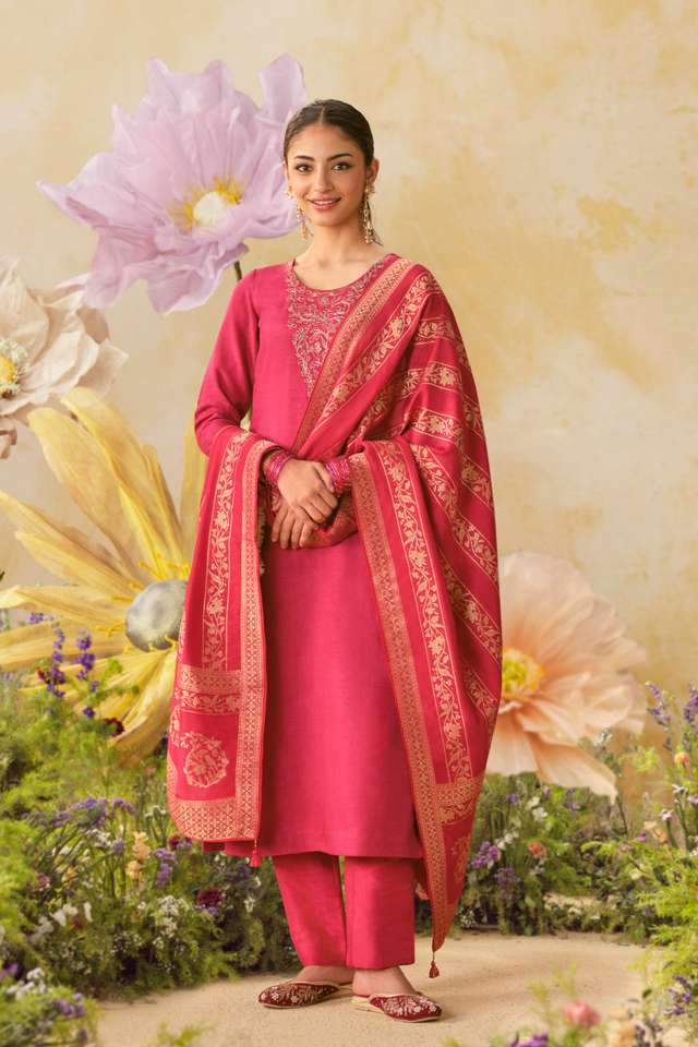 Dark Pink Pure Viscose Embroidered Unstitched Suit Set image number