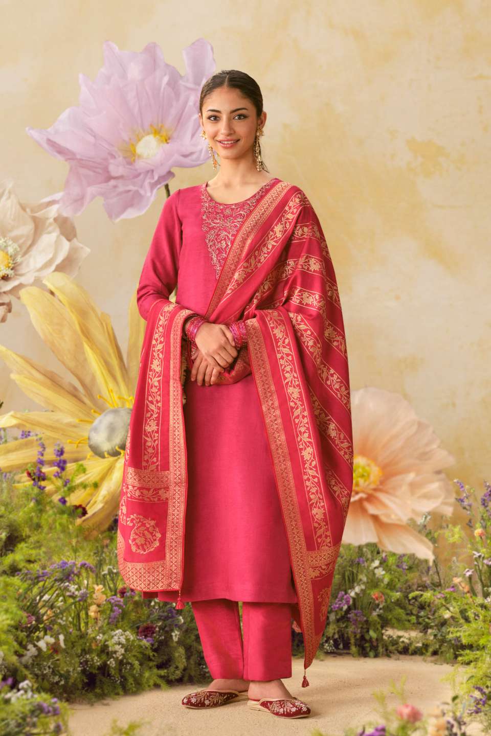 Dark Pink Pure Viscose Embroidered Unstitched Suit Set