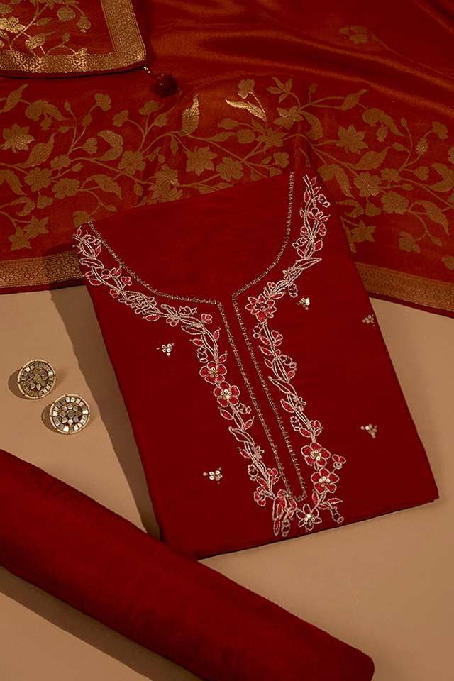 Red Pure Viscose Embroidered Unstitched Suit Set image number