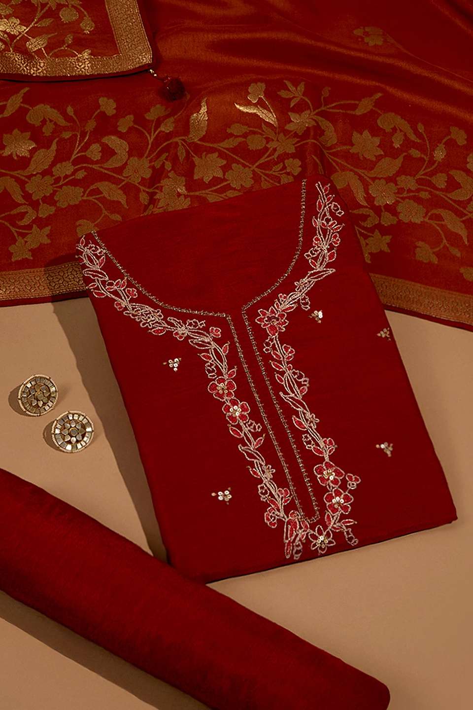 Red Pure Viscose Embroidered Unstitched Suit Set