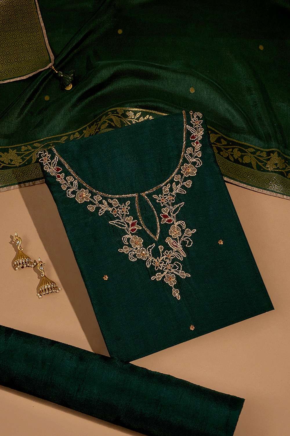 Dark Green Pure Viscose Embroidered Unstitched Suit Set image number null