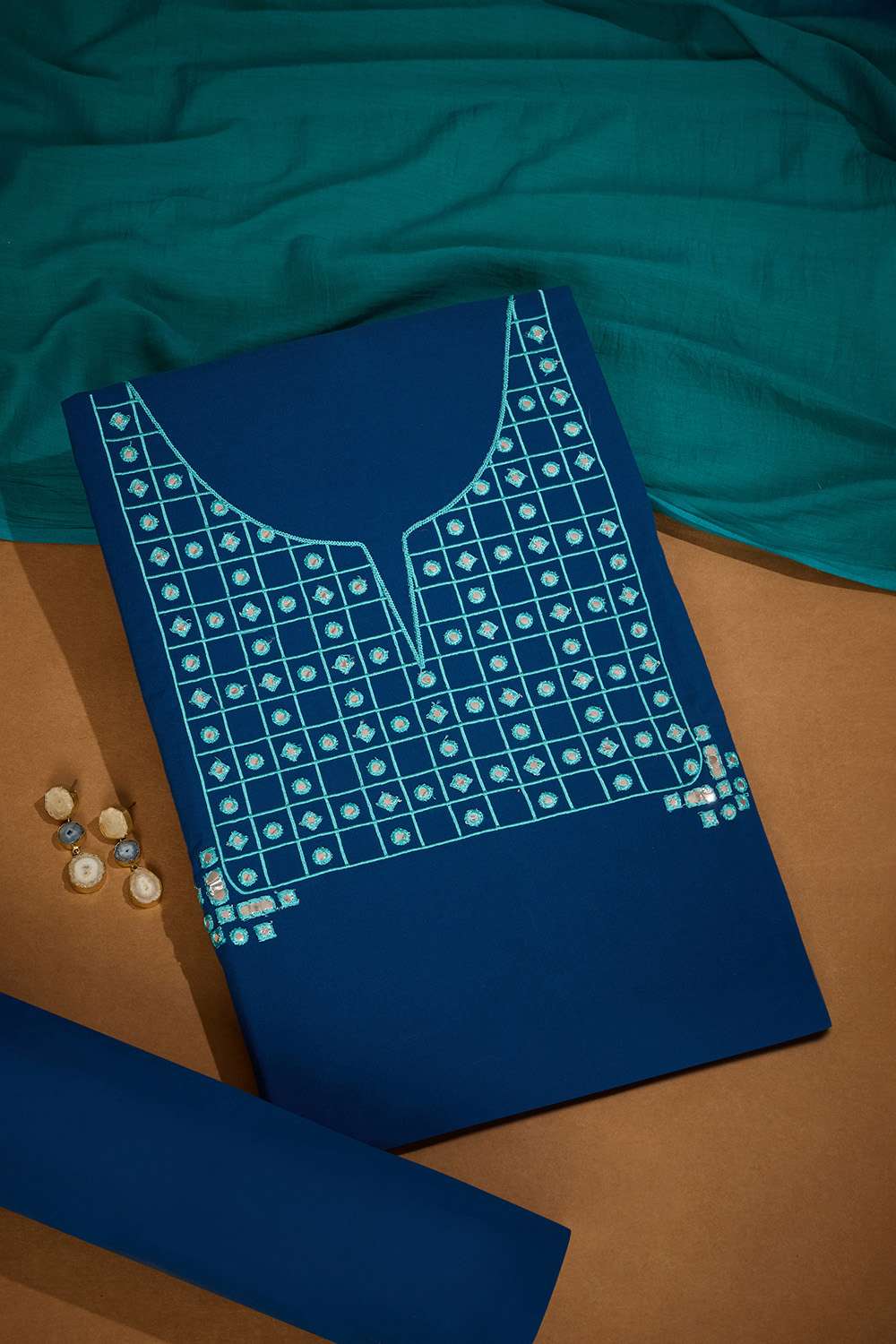 Dark Blue Pure Cotton Embroidered Unstitched Suit Set image number null
