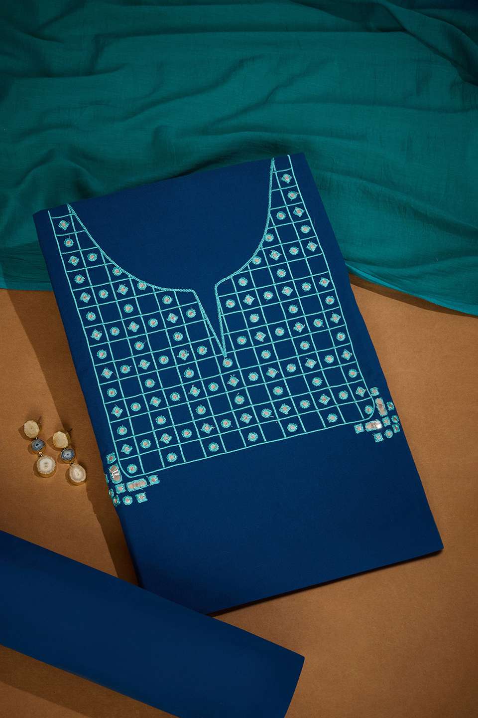 Dark Blue Pure Cotton Embroidered Unstitched Suit Set