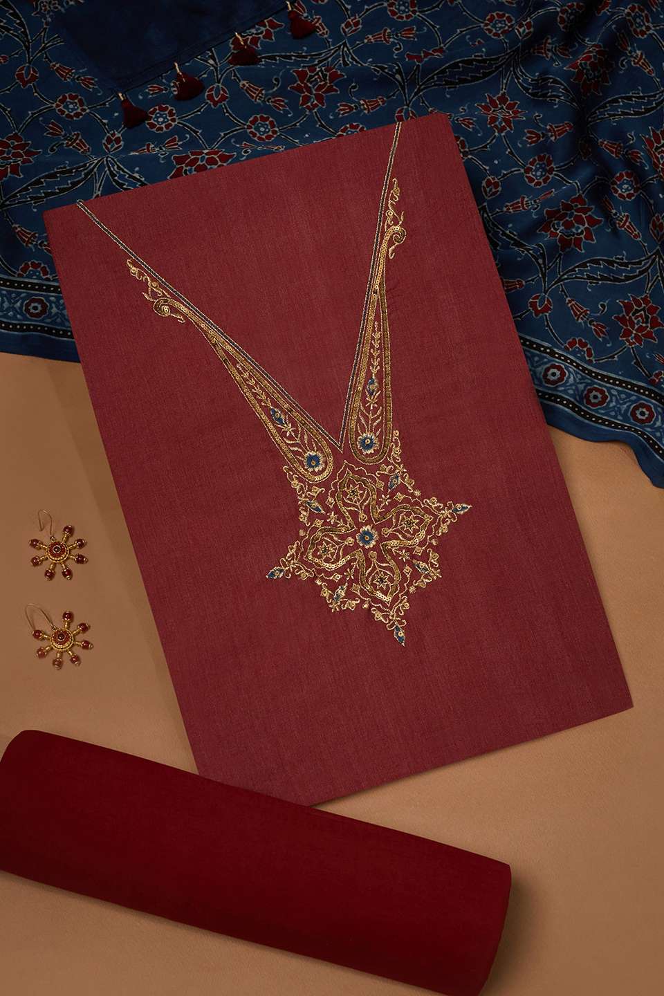 Dark Red Pure Tussar Viscose Ajarakh Unstitched Suit Set
