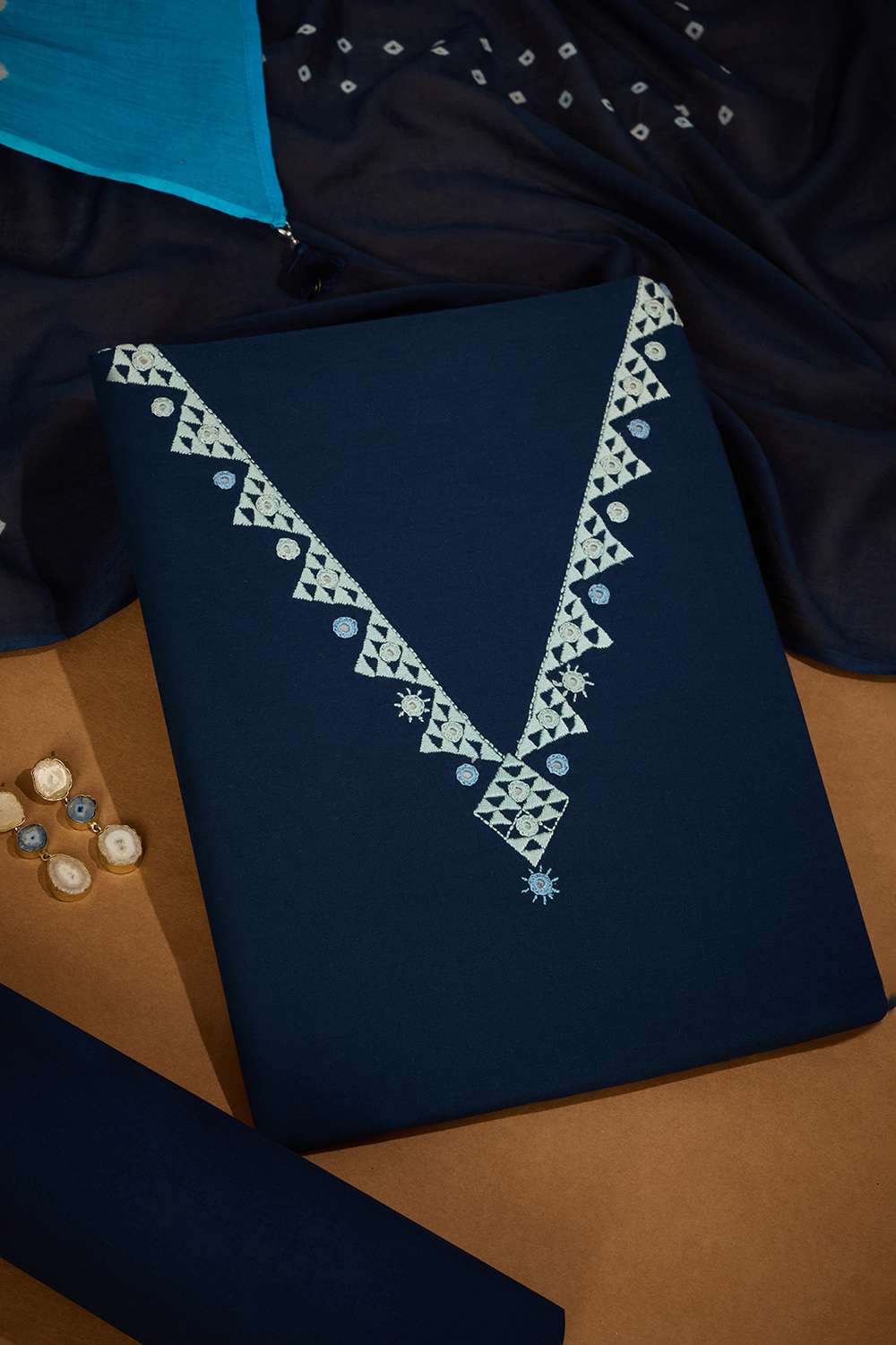 Dark Blue Pure Cotton Embroidered Unstitched Suit Set image number null
