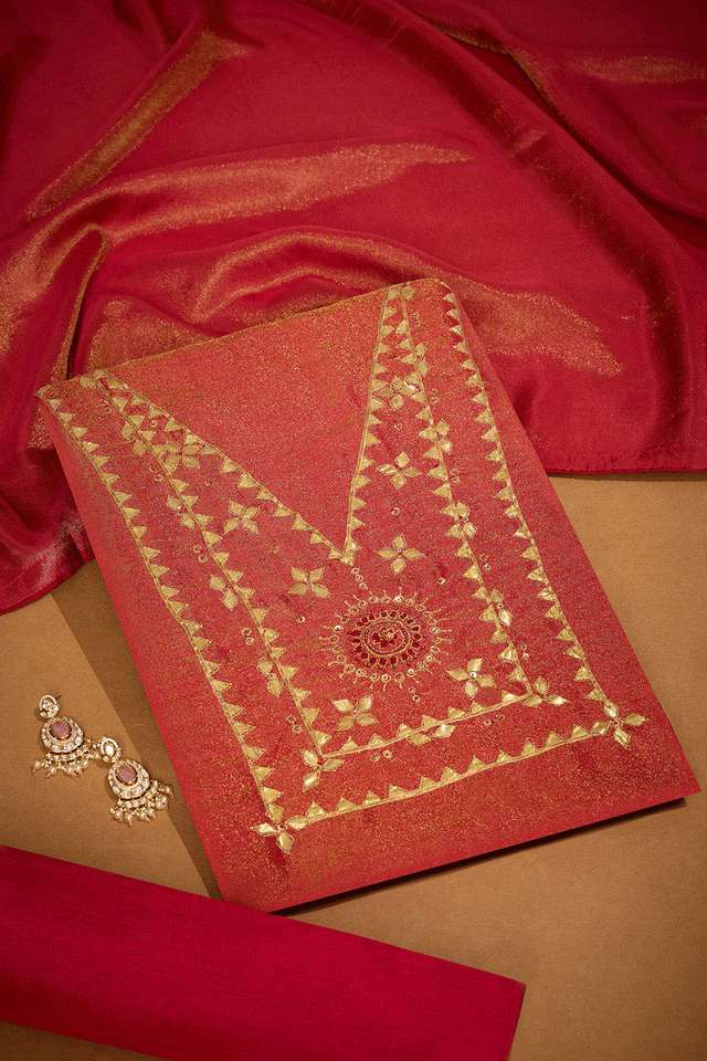 Red Viscose Tissue Gota Patti Emroidered Unstitched Suit Set image number