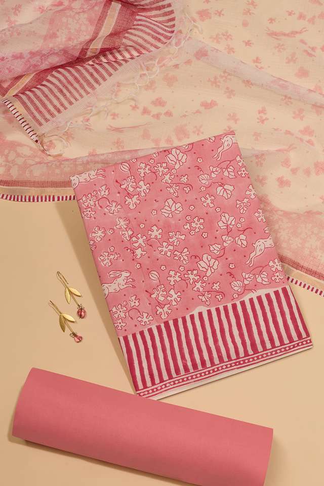 Pink Bagru Block Printed Pure Cotton Unstitched Suit Set image number