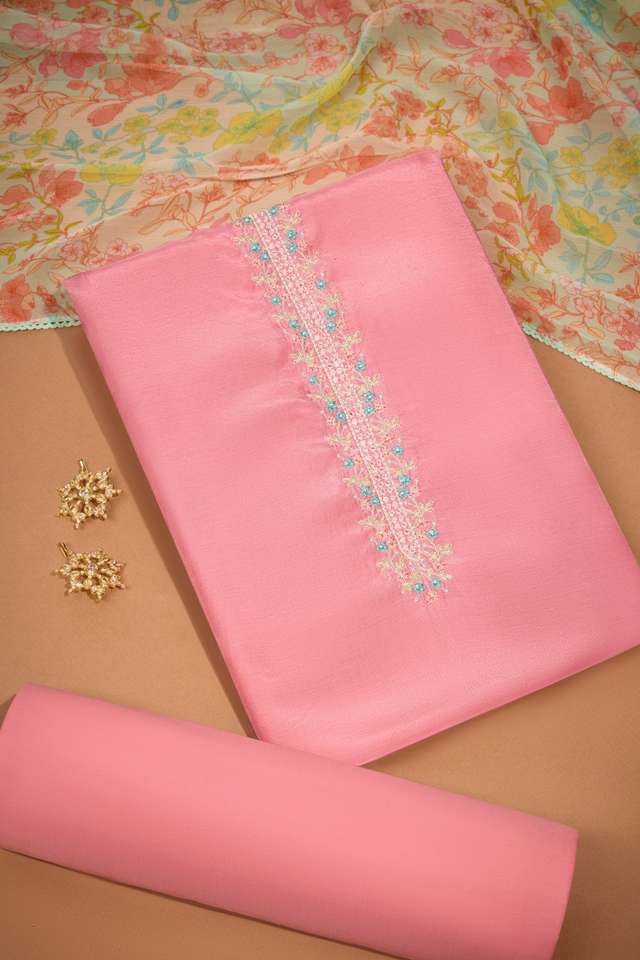 Pink Viscose Embroidered Unstitched Suit Set image number