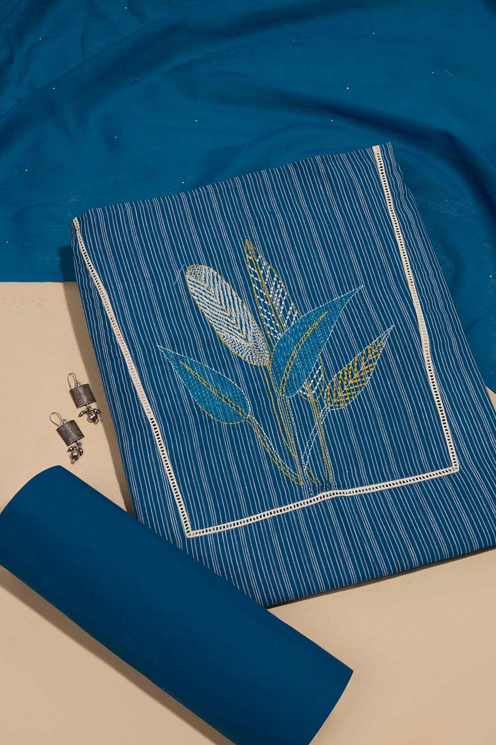 Dark Blue Pure Cotton Kantha Embroidered Unstitched Suit Set image number null