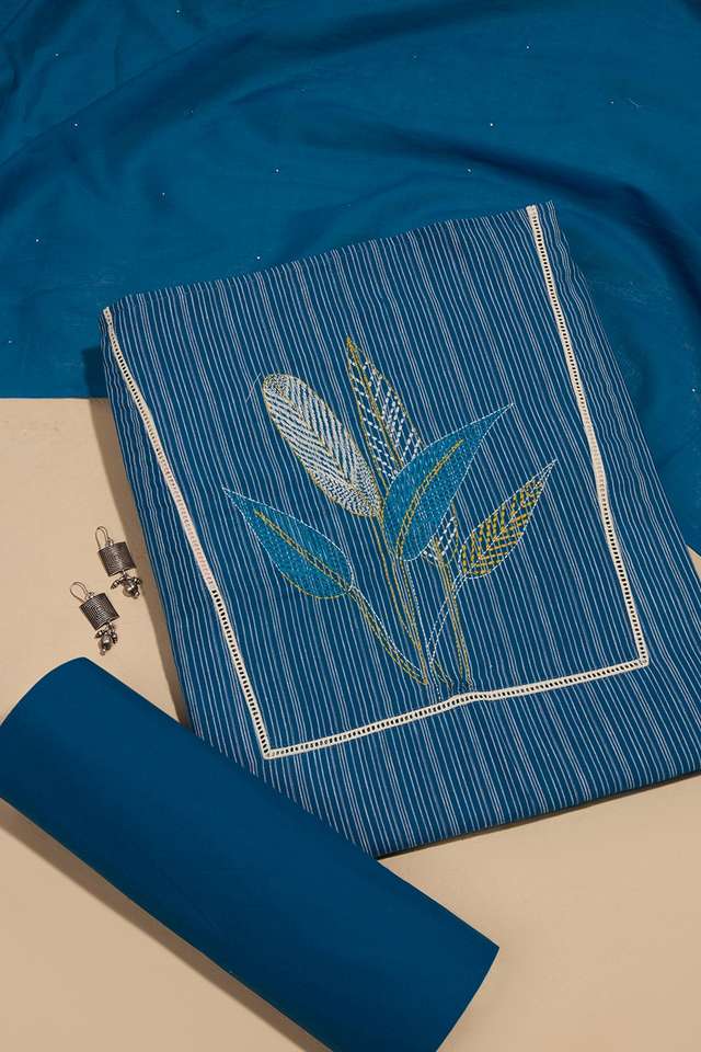 Dark Blue Pure Cotton Kantha Embroidered Unstitched Suit Set image number