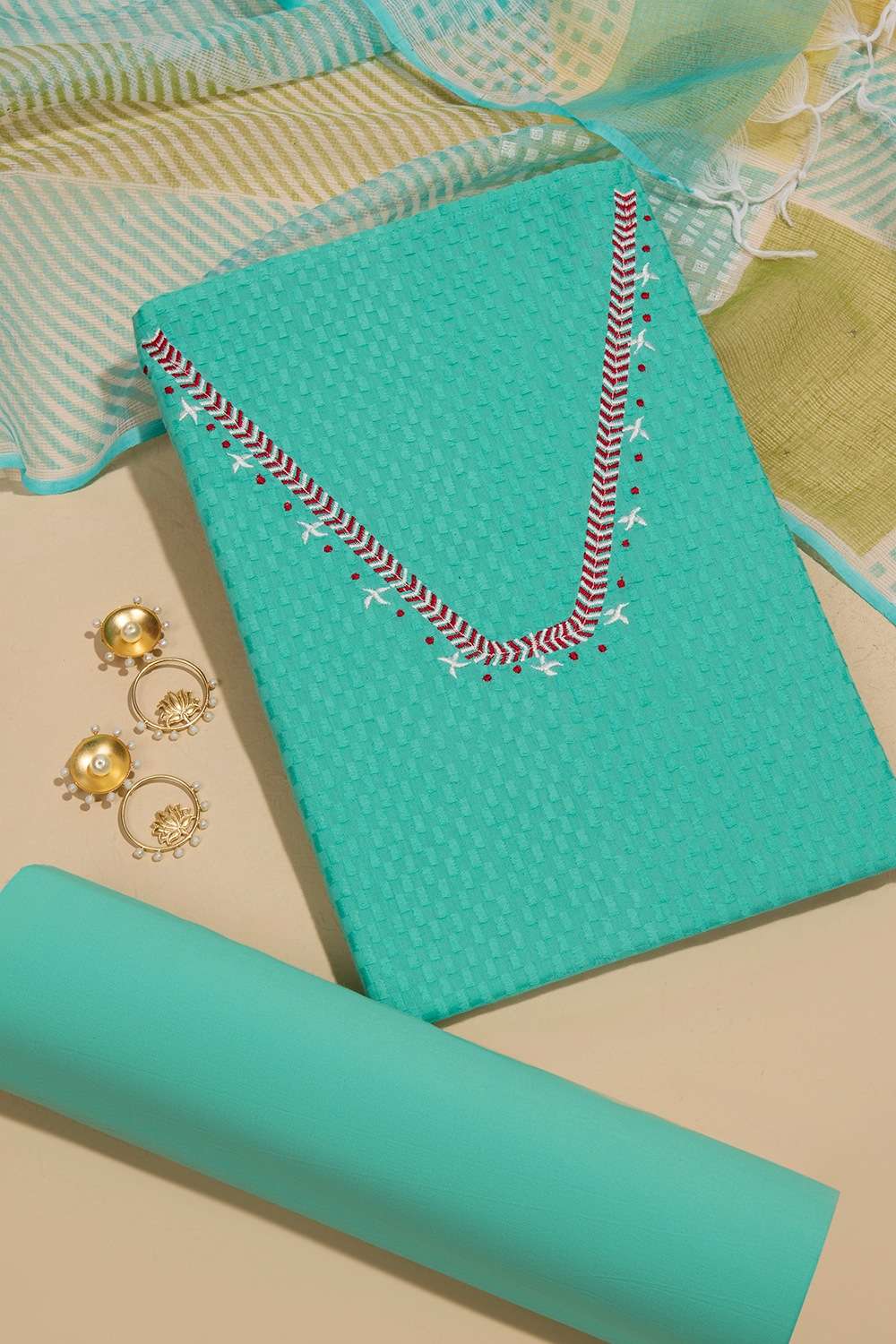 Light Blue Pure Cotton Embroidered Unstitched Suit Set image number null
