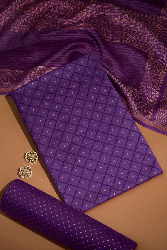 Dark Violet Pure Silk Cotton Block Printed Unstitched Suit Set image number