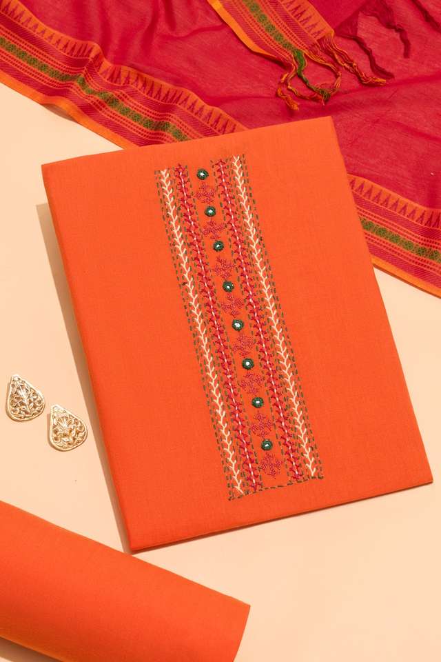 Orange Pure Cotton Embroidered Unstitched Suit Set