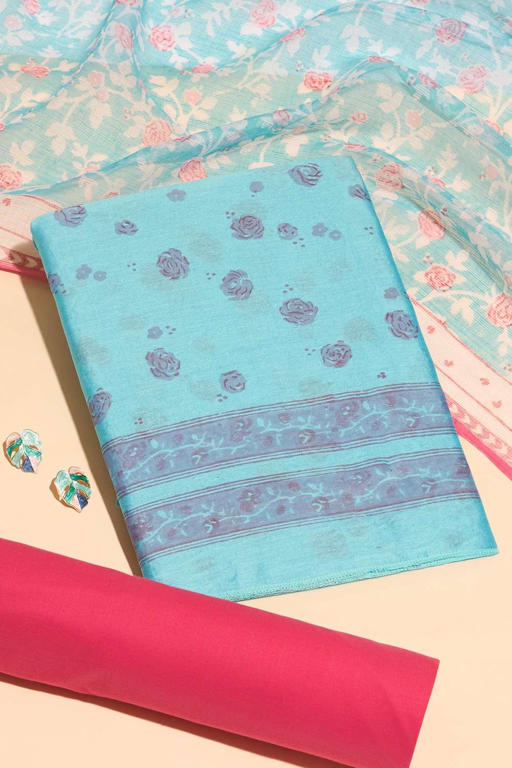 Light Blue Printed Sanganeri Pure Silk Cotton Unstitched Suit Set image number null