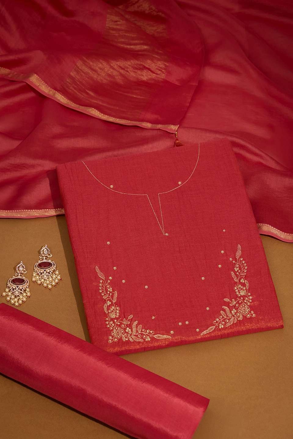 Red Pure Tissue Cotton Embroidered Unstitched Suit Set