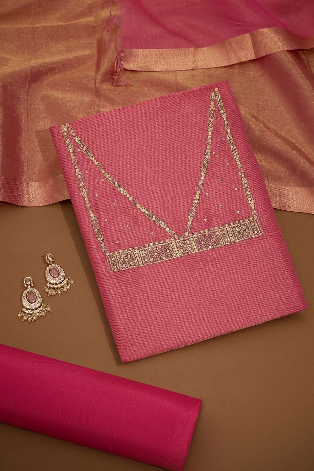 Pink Pure Tissue Cotton Embroidered Unstitched Suit Set image number null