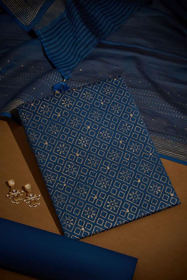 Dark Blue Pure Silk Cotton Block Printed Unstitched Suit Set image number