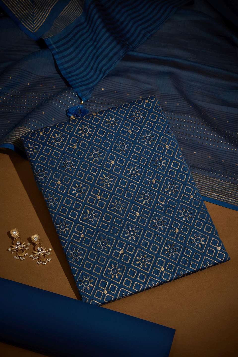 Dark Blue Pure Silk Cotton Block Printed Unstitched Suit Set