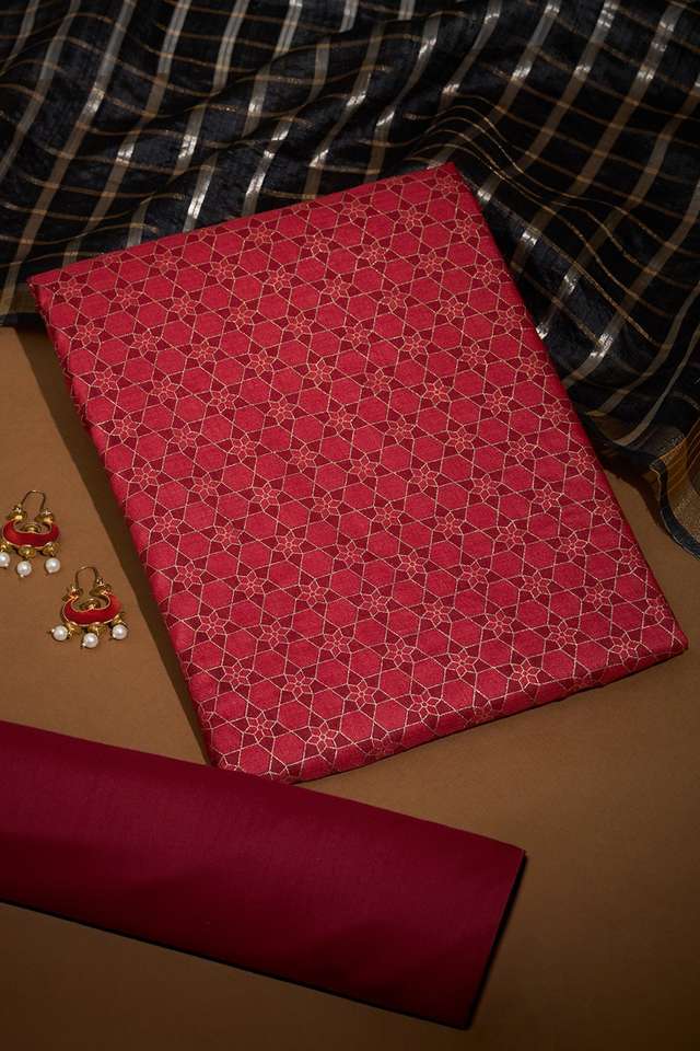 Red Screen Printed Pure Tussar Silk Unstitched Suit Set image number