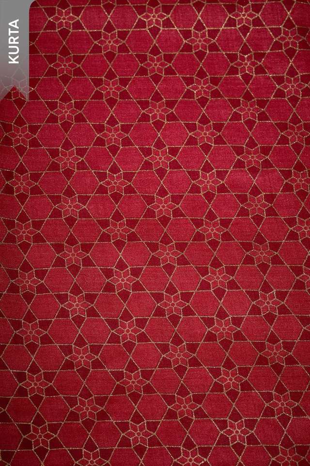 Red Screen Printed Pure Tussar Silk Unstitched Suit Set thumbnail image number null