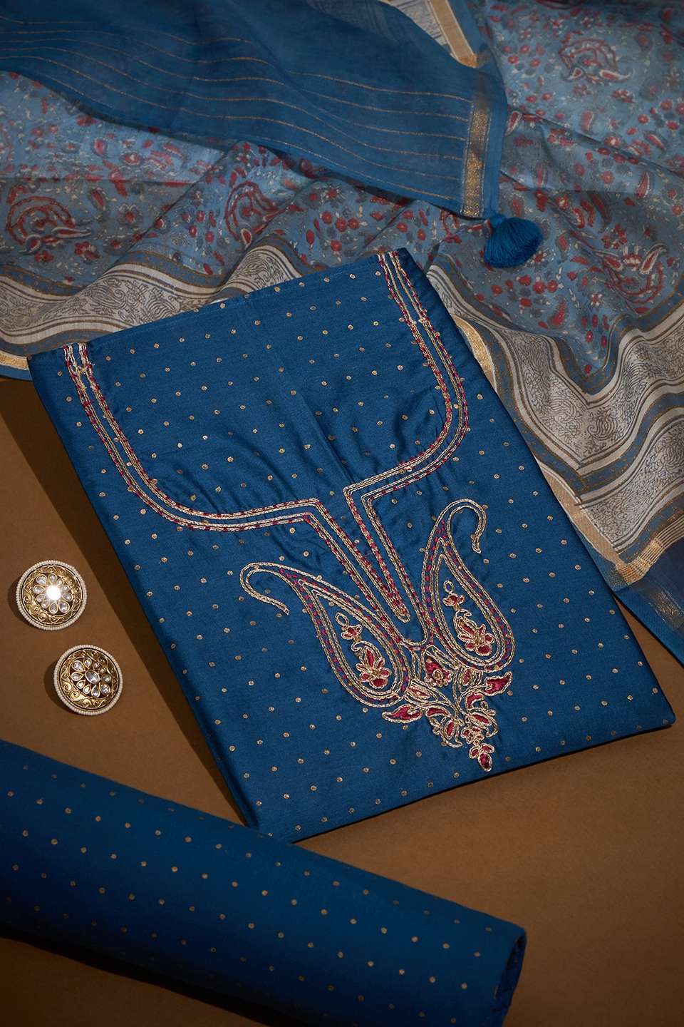 Dark Blue Embroidered Pure Silk Cotton Unstitched Suit Set