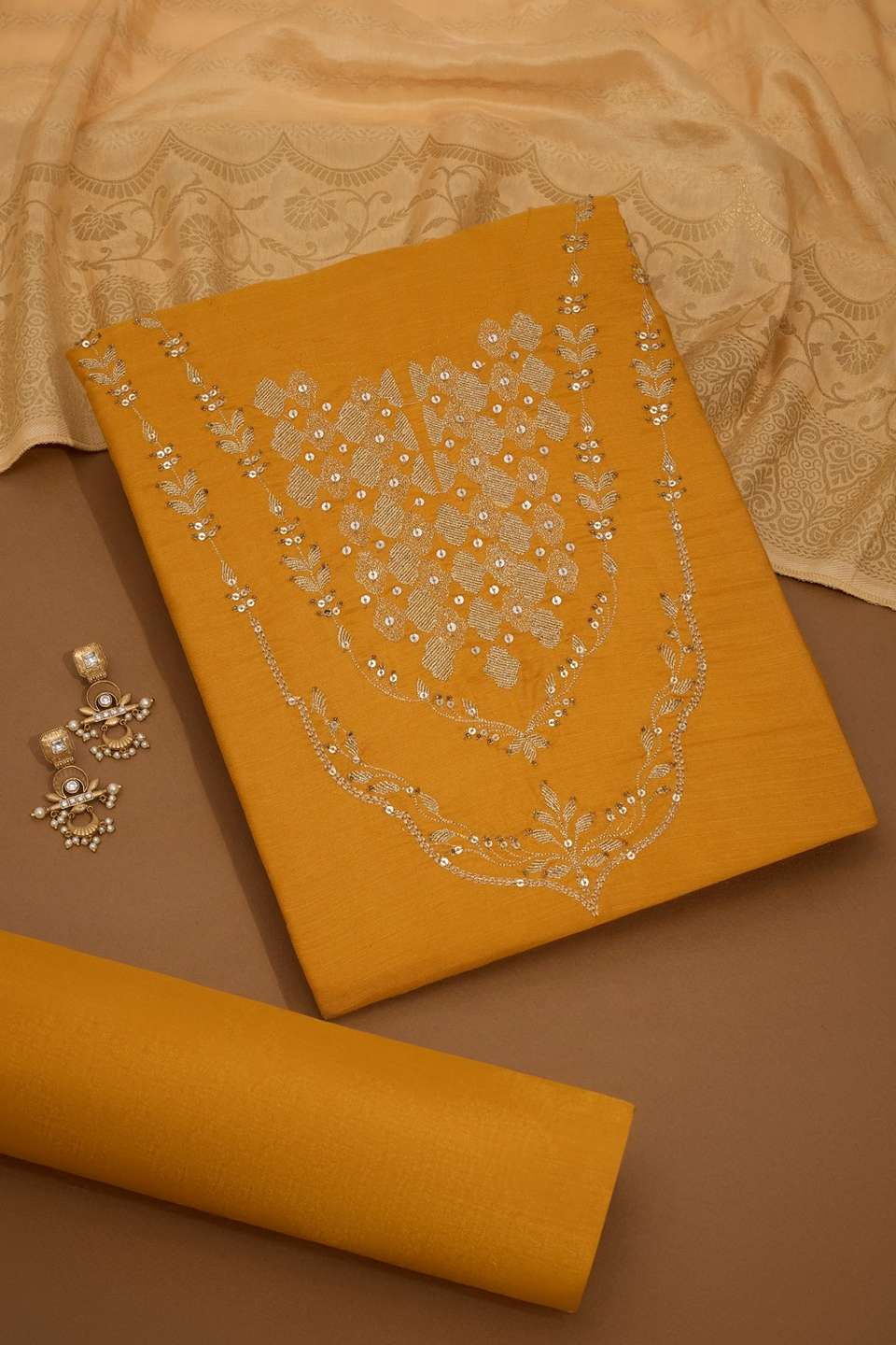 Orange Embroidered Viscose Unstitched Suit Set