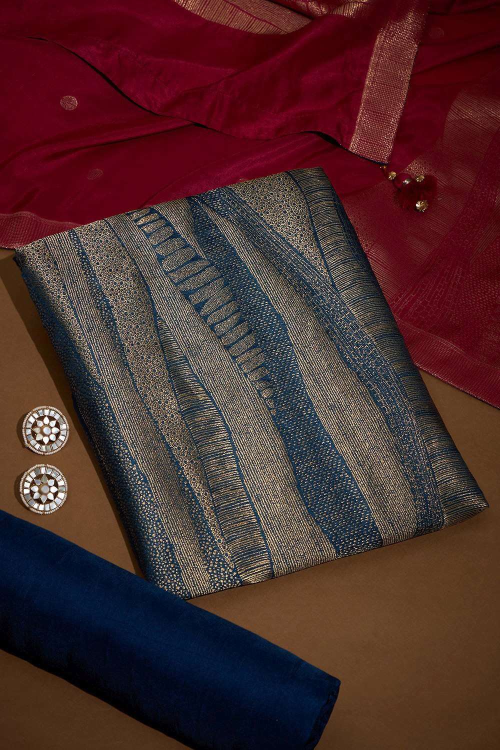 Dark Blue Brocade Viscose Unstitched Suit Set image number null