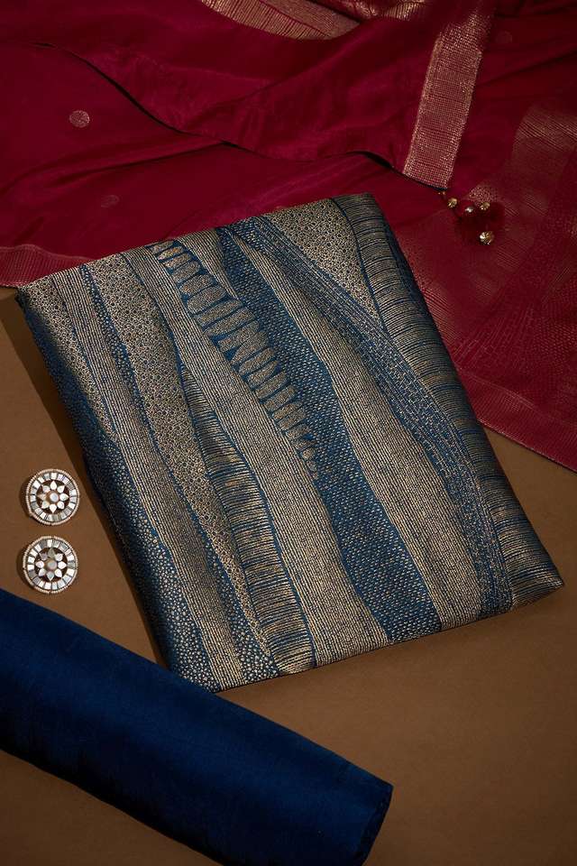 Dark Blue Brocade Viscose Unstitched Suit Set image number