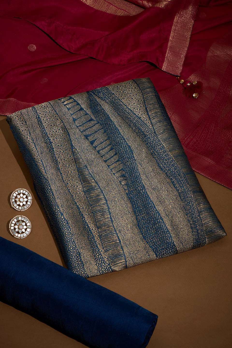 Dark Blue Brocade Viscose Unstitched Suit Set