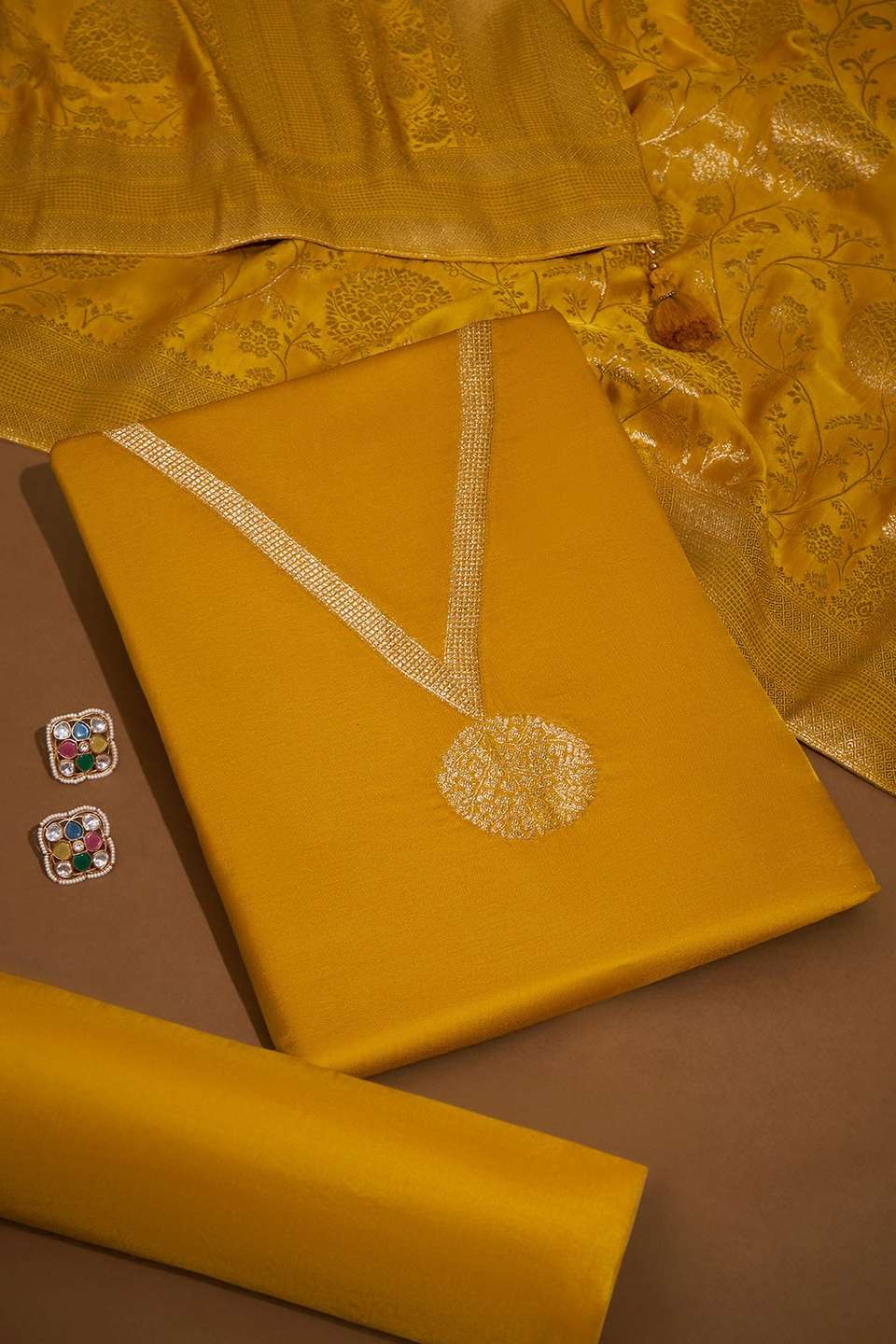 Yellow Woven Viscose Unstitched Suit Set