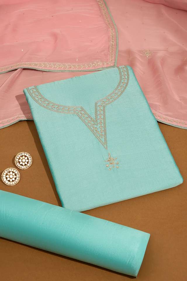 Light Blue Pure Silk Cotton Embroidered Unstitched Suit Set image number