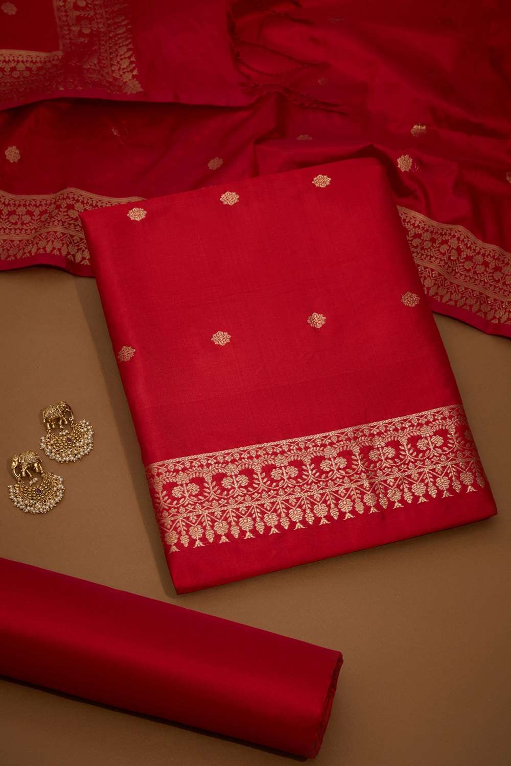 Red Woven Pure Silk Unstitched Suit Set image number null